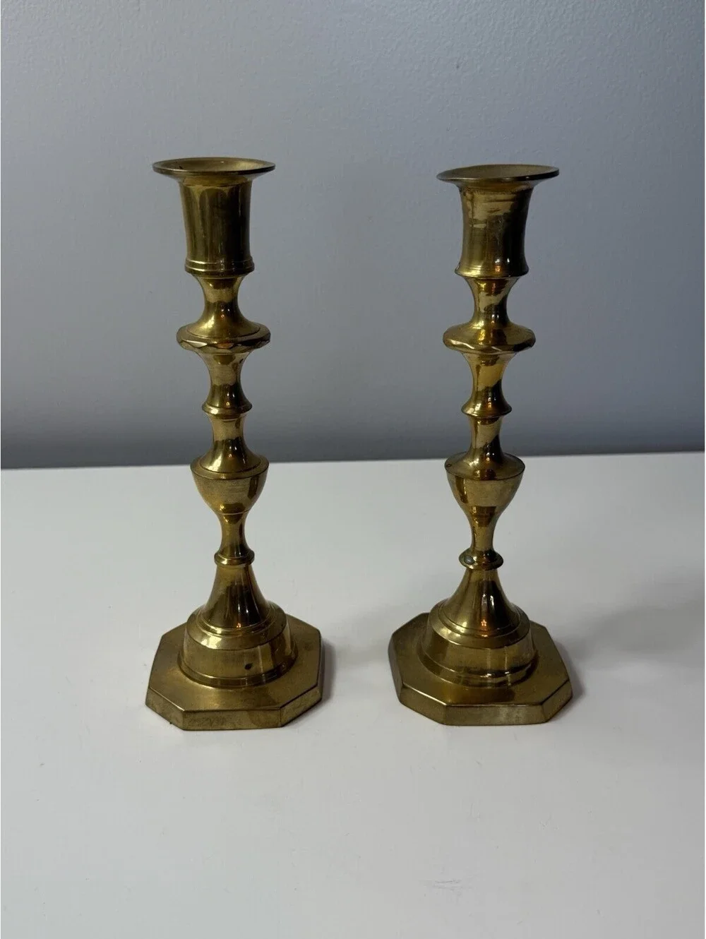 Vintage Pair of Solid Brass Candlestick  Holders 8” H For Tapered Candles India